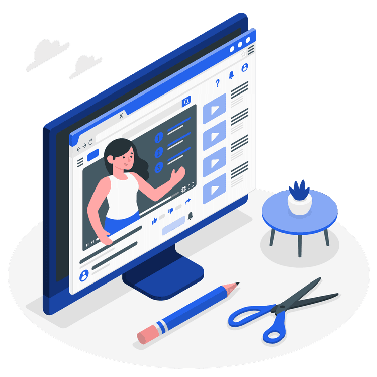 Online learning illustration showing students with digital devices